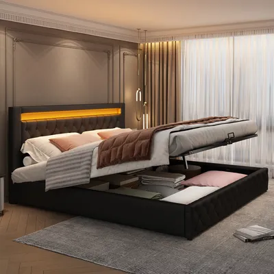 Obrázok produktu pre Flieks Čalúnená posteľ s úložným priestorom a lamelovým rámom, posteľ Boxspring 180x200cm Manželská posteľ s led, úložná posteľ Funkčná posteľ, čierna