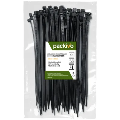 Produktbild von PACKIVO Profi Kabelbinder 2,5 x 100mm schwarz starke Kabelbinder Industriequalität UV Beständig Zugfestigkeit 8Kg für Kabelmanagement, DIY