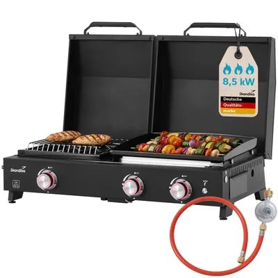 Produktbild von Skandika Plancha Grill Eldur 3-Brenner Plus | Grillplatte mit Deckel, 3 Brenner, tragbarer Gasgrill mit Kochplatte, Outdoor, Camping