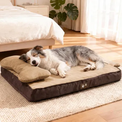 Image de Lit orthopédique pour chien, avec mousse à mémoire de forme, housse lavable, imperméable, coussin de tête amovible, antidérapant, couleur marron, taille L