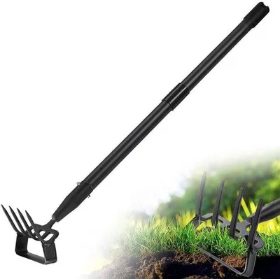 Produktbild von Unyqoos® Verstellbare 2‑in‑1 Gartenhacke – Steigbügelhaken & 4‑Zinken-Kultivator, Metallklinge, verstellbarer Stahlstiel für effizientes Unkrautjäten