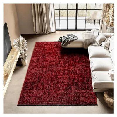 Produktbild von Chenille Teppich Baumwolle Rot 160x230 cm im Boho-Stil, Vintage Kelim, Waschbar, Kurzflor, rutschfest und weich, Einfarbig meliert, Für Wohnzimmer, Schlafzimmer, Büro und Küche