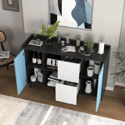 Image de MODFU Buffet Avec Tiroirs Et Espaces Ouverts - Bahut De Cuisine Avec Portes, 120 x 40 x 80 cm, MDF - Noir Et Bleu