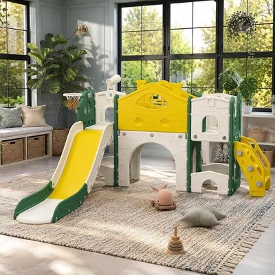 Produktbild von 7 in 1 Kinderrutsche mit Klettergerüst,Teleskop,Tunnel Stauraum, Spielhaus,Kunststoffrutschenset für Kinder,Indoor und Outdoor Spielplatz (Gelb + Grün (A))