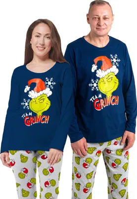 Produktbild von The Grinch Schlafanzug für Damen und Herren - Pyjama Set Langarm Oberteil mit Hose Blau/Grau XL