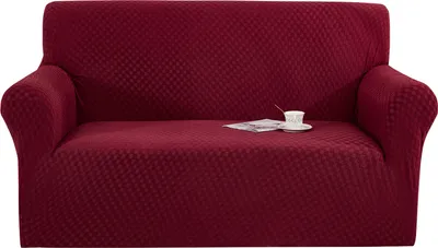 Obrázek produktu pro Topchances Stretch Sofa Cover Elastický žakárový potah na pohovku s područkami pro 3-místnou pohovku, vínově červený
