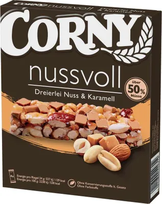 Produktbild von Corny Nussvoll Dreierlei Nuss & Karamell Müsliriegel, 4x24g