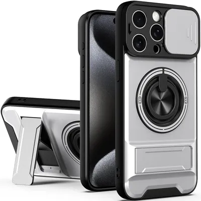 Obrázek produktu pro Magnetické pouzdro pro iPhone 15 Plus Ochranné pouzdro s posuvným krytem fotoaparátu a kroužkovým stojánkem Stříbrná