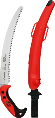 A pruning saw and its sheath are displayed against a white background.