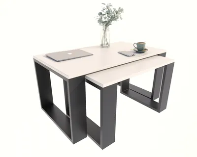 Produktbild von Couchtisch mit Westa, Beistelltisch Holztisch für Wohnzimmer, Sofatisch klein Holz, Wohnzimmertisch, Weiß- Schwarz zwei Tiscch