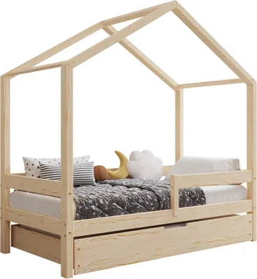 Obrázek produktu pro TIMBEE HUFIE Postel ve tvaru domečku Dětská postel Dřevěná postel do dětského pokoje - nelakovaná - 70x140cm