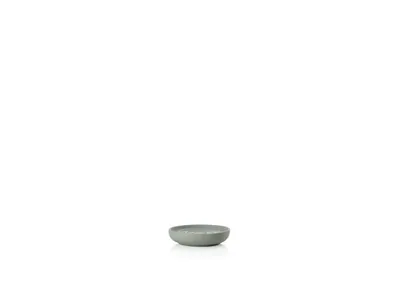 A single, small, gray soap dish is centered on a white background.