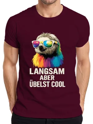 Produktbild von Langsam aber übelst cool Faultier Sonnenbrille Regenbogen Retro Herren T-Shirt, Burgundy, M