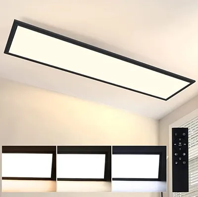 A rectangular LED ceiling light fixture with a black frame, mounted on a white ceiling. Below the main image are three smaller images showing different color temperatures or settings of the light, and a remote control.