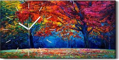 Produktbild von Wandbild Leinwand Bilder mit Uhr 60x30 Malerei Wald Bäume Blätter Bunte Kunst - weiße Hände