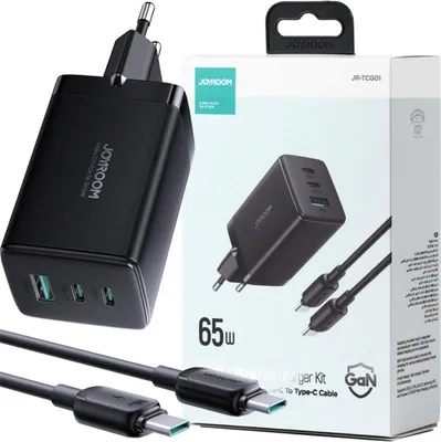 Immagine prodotto di Joyroom Caricabatterie veloce Gan 65W Usb-A, 2X Usb-C nero + Usb-C - Usb-C 100W 1,2M cavo (Tcg01)