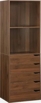 A tall, narrow, brown wooden dresser with two shelves at the top and four drawers below.