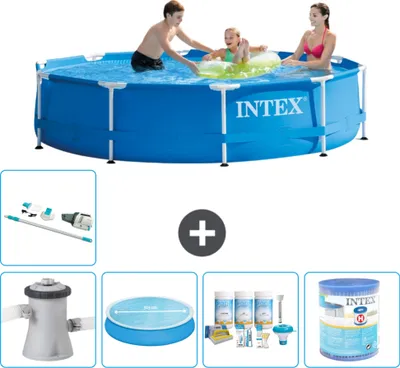 Produktbild von Intex Rundrahmen-Schwimmbecken – 305 x 76 cm – Blau – inklusive Pumpe Sonnensegel - Wartungspaket - Filter - Staubsauger
