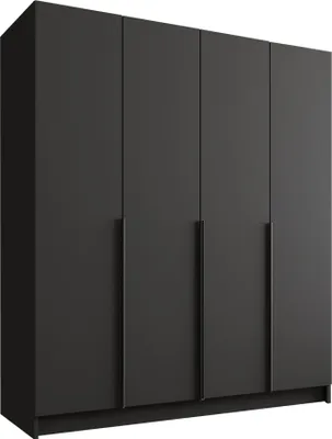 A dark gray wardrobe with four doors and metal handles, shown from a slight angle against a white background.