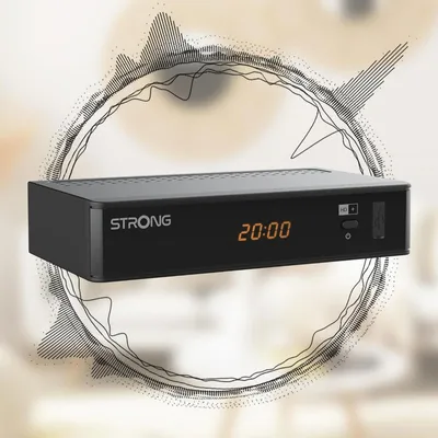 A black satellite receiver with a digital display is shown in the center, surrounded by a graphic representation of sound waves.