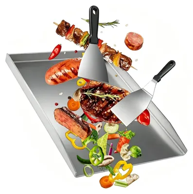 Image de Plaque de cuisson en acier inoxydable avec 2 spatules, pour barbecues au gaz et au charbon
