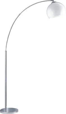 A modern arc floor lamp with a silver metal stand and a white globe shade.
