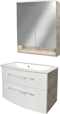 Produktbild von Fackelmann B.STYLE Badmöbel Set 3-teilig, 83 cm, Weiß/Grau + LED-Spiegelschrank