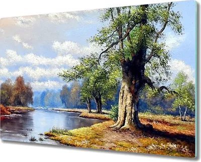 Produktbild von Coloray Herdabdeckplatte 80x52 cm Schneidebrett Kochplattenabdeckung Küchenbrett Hackbrett - Wald Flusslandschaft mit Wolken