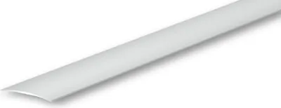 A close-up, studio shot of a silver transition profile strip against a white background.