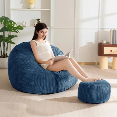 Image de Pouf en velours côtelé avec repose-pieds - Pour adultes et enfants