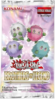 A Yu-Gi-Oh! Brothers of Legend booster pack with four colorful, fluffy creatures.