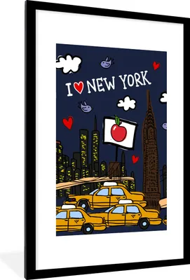 Produktbild von MuchoWow® MuchoWow® Gerahmtes Poster New York - Nacht - Zeichnung 60x90 cm - Poster mit zchwarzem Bilderrahmen - Dekoration - Wandposter Wohnzimmer - Hochwertig
