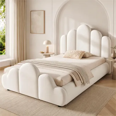 Produktbild von Flieks Polsterbett 90x200cm mit gepolstertem Kopfteil, Jugendbett Kinderbett mit Lattenrost, Einzelbett Holzbett mit Samt-Bezug, Beige