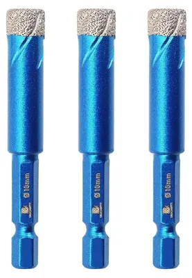Zdjęcie produktu dla Zestaw wierteł diamentowych, 3 sztuki, średnica 10 mm, trzpień sześciokątny, do wiercenia w płytkach, ceramice, granicie, szkle i marmurze