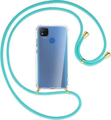 Produktbild von Handykette Backcover-Schutzhülle mit Band (Metall goldfarben) für Xiaomi Redmi 9C - türkis