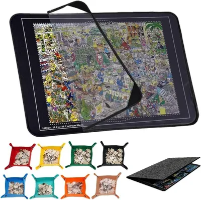 Zdjęcie produktu dla Mata do układania puzzli, 80 x 55 cm - Lekka - Składana - Przenośna - 1000 elementów - Zawiera 8 pojemników do sortowania i pokrywę - Deska do układania puzzli