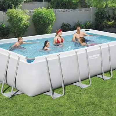 Produktbild von Bestway Rechteckiges Power Steel-Schwimmbecken – 549 x 274 x 122 – Grau – inklusive Pumpe – Leiter – Abdeckung Wartungspaket - Filter - Bodenfliesen