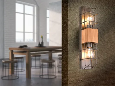 Produktbild von 2-flammige Industrial Gitter Wandleuchte mit Holz für Treppenhaus & Wohnzimmer