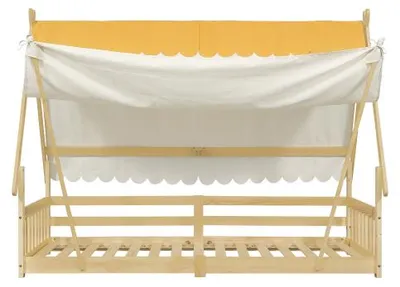 Produktbild von Kinderbett Hausbett 90x200 cm Ohne Matratze Natur Kiefer Holz Mit Zelt Abnehmbar Lattenrost Sicherheitsgelaender