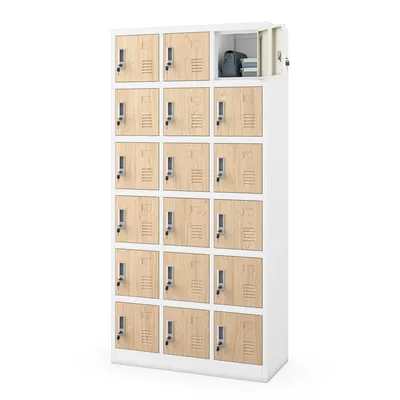 A tall, white metal locker unit with 18 wooden-fronted compartments, arranged in a 3x6 grid. One top compartment is open, revealing a dark bag and some books inside. The locker unit is presented against a plain white background.