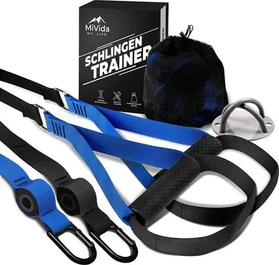 Produktbild von Unyqoos® Slingtrainer Set – inkl. 2 Trainingsbänder, Verlängerung, Deckenhalter & Türanker, Übungs-Poster, verstellbar 85–196 cm, max. 500 kg, für innen & außen