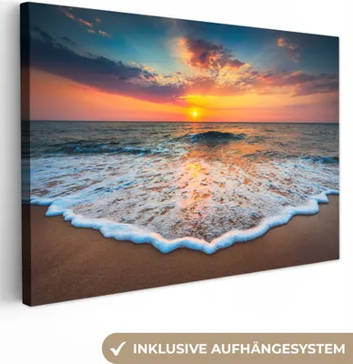Produktbild von MuchoWow® - Leinwandbilder - Strand - Meer - Sonnenuntergang, Wandbild, Wanddeko Bilder Wohnzimmer, 120x80 cm