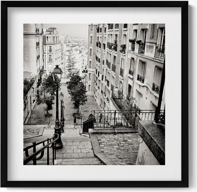 Produktbild von Schwarz-Weiß-Ansicht einer Stadtstraße– Wandbild mit Rahmen – Gerahmtes Bild  – Wanddekoration – 50x50 cm –  Schwarz Rahmen