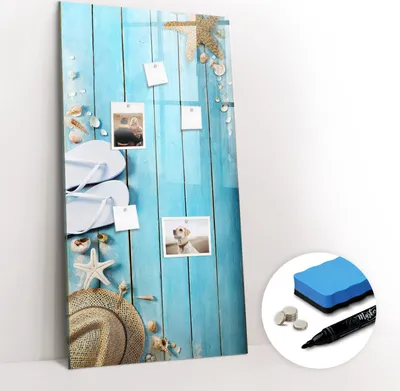 Produktbild von Magnetpinnwand Memoboard - Zubehörsatz - Schwarzer Marker + Schwamm + Magnete - 60 x 120 cm - Blaue Strandbretter
