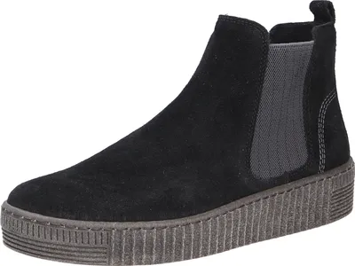 A single black Chelsea boot is shown against a white background.