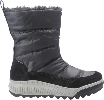 A black winter boot with gray fur trim and a gray sole.