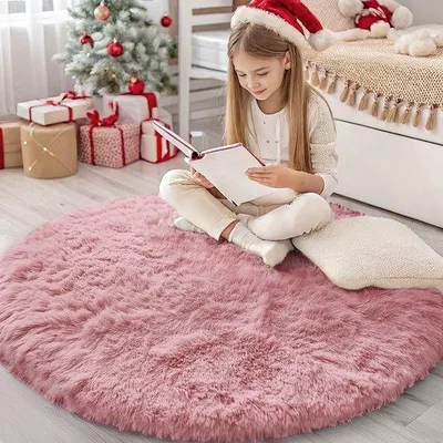 Immagine prodotto di Tappeto antiscivolo morbido per la cameretta delle bambine, il soggiorno, la camera da letto - rotondo da 120 cm, rosa