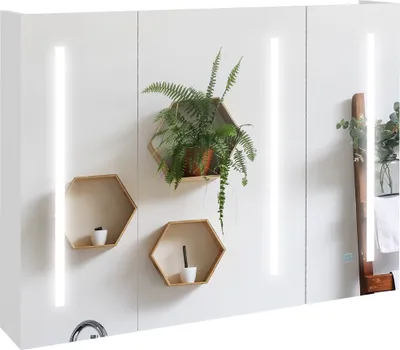 Produktbild von kleankin Badezimmer-Spiegelschrank mit LED-Licht, hängender Wandschrank mit 3 Türen, verstellbaren Einlegeböden, Touch-Schalter und USB, 90 x 15 x 70 cm, glänzendes Weiß
