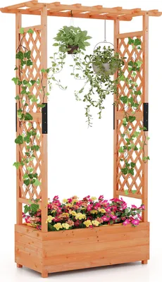 A wooden planter box with a trellis structure, adorned with climbing plants and flowers.