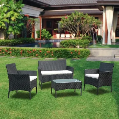 Produktbild von Poly Rattan Gartenmöbel Set, Balkonmöbel, Wetterfest, mit 2-er Sofa, Singlestühle, Tisch und Sitzkissen, Sitzgruppe Lounge für Terrasse Balkon Garten, Schwarz